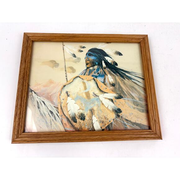 Vintage Native American Indian Warrior Wall Art Print Framed - Picture 1 of 9